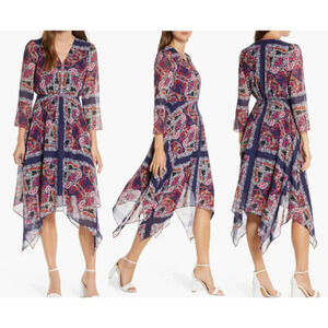 New! Vince Camuto Blue Paisley Handkerchief Hem Midi Dress nwt 22500